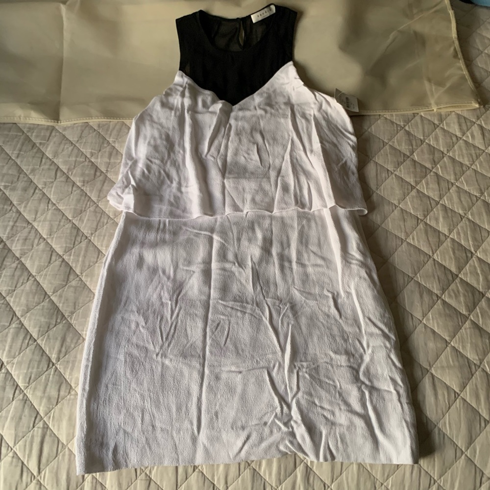 SANDRO PARIS White Tiered Dress Black Mesh Yoke
